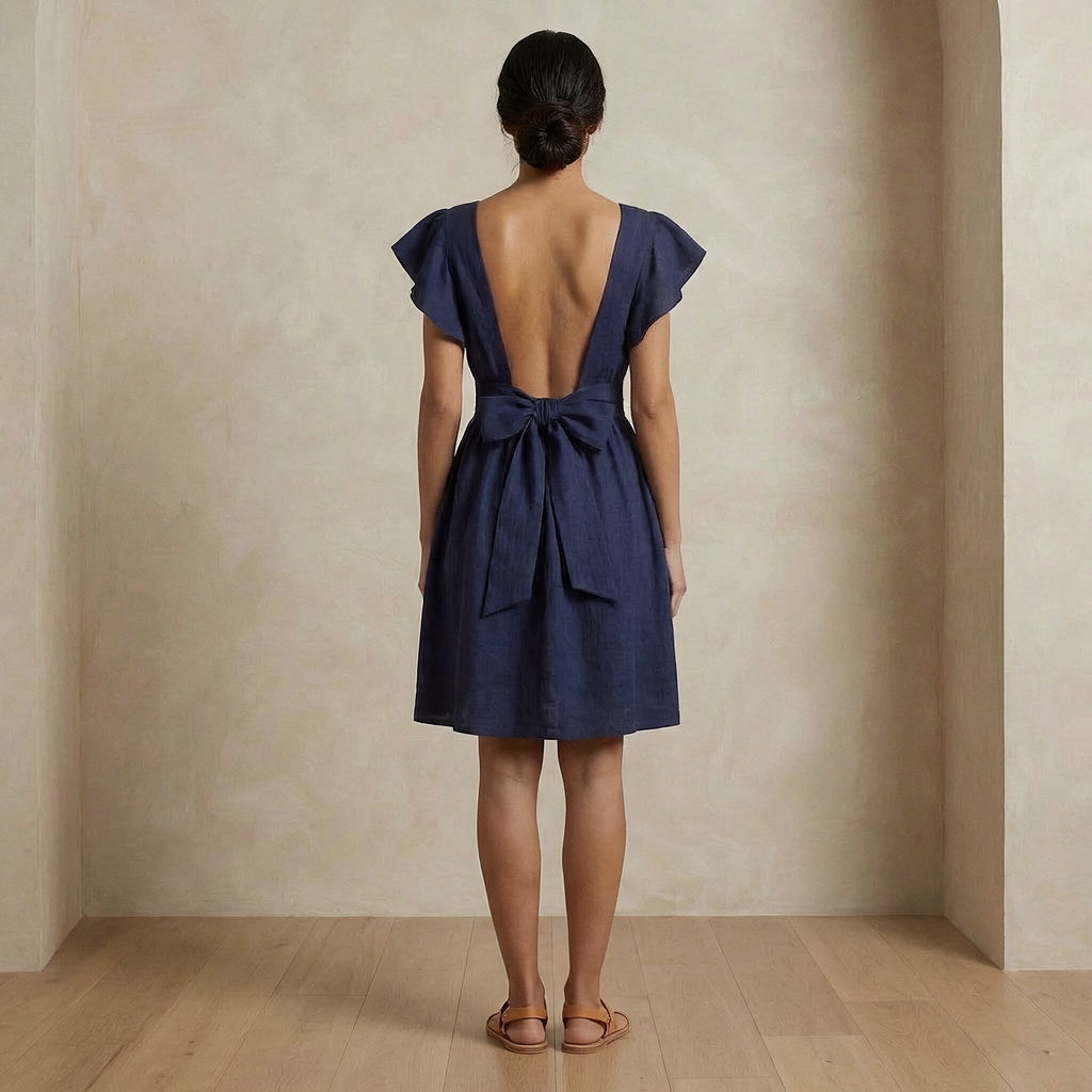 Blue Handspun Cotton Open-Back Fit and Flare Knee Length Dress