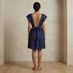 Blue Handspun Cotton Open-Back Fit and Flare Knee Length Dress