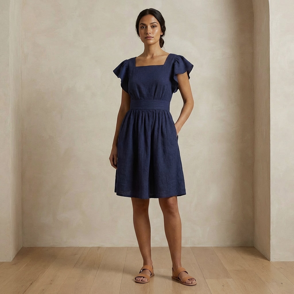 Blue Handspun Cotton Open-Back Fit and Flare Knee Length Dress