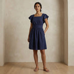 Blue Handspun Cotton Open-Back Fit and Flare Knee Length Dress