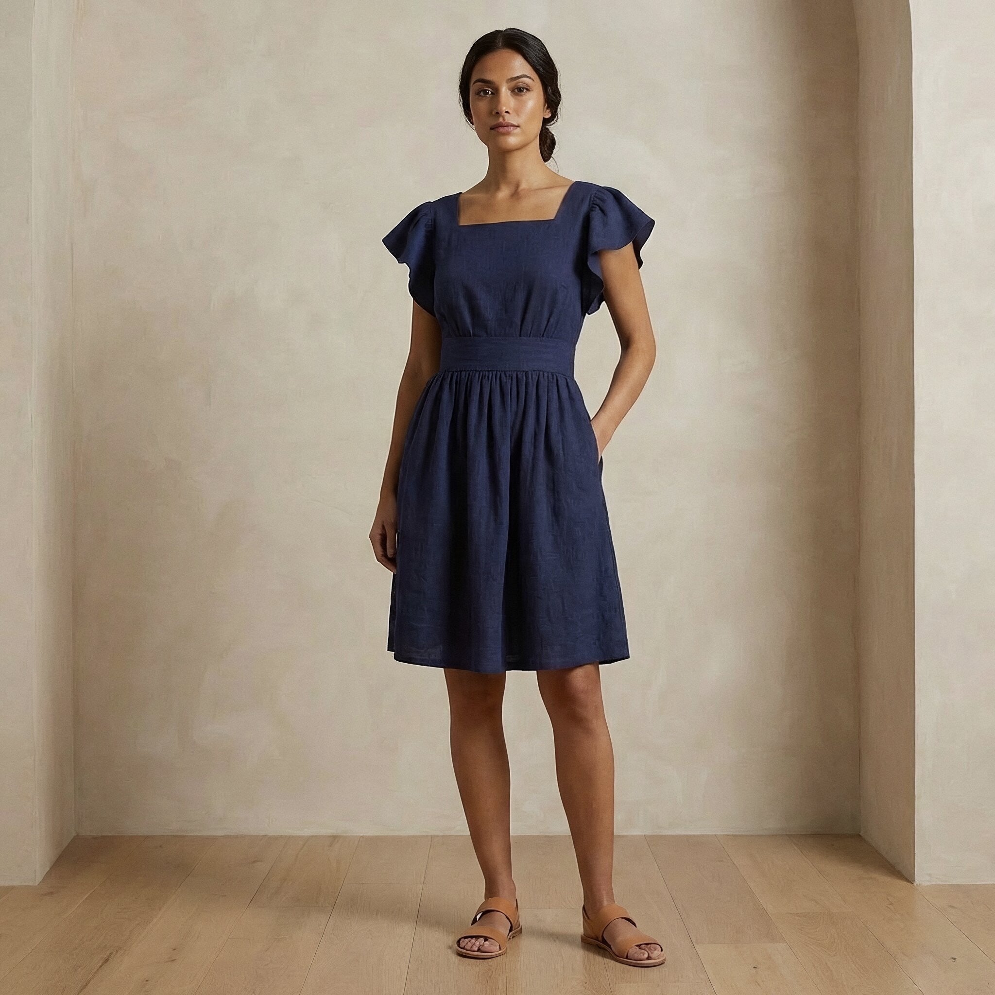 Blue Handspun Cotton Open-Back Fit and Flare Knee Length Dress