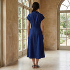 Blue Handspun Cotton Paneled A-Line Midi Dress