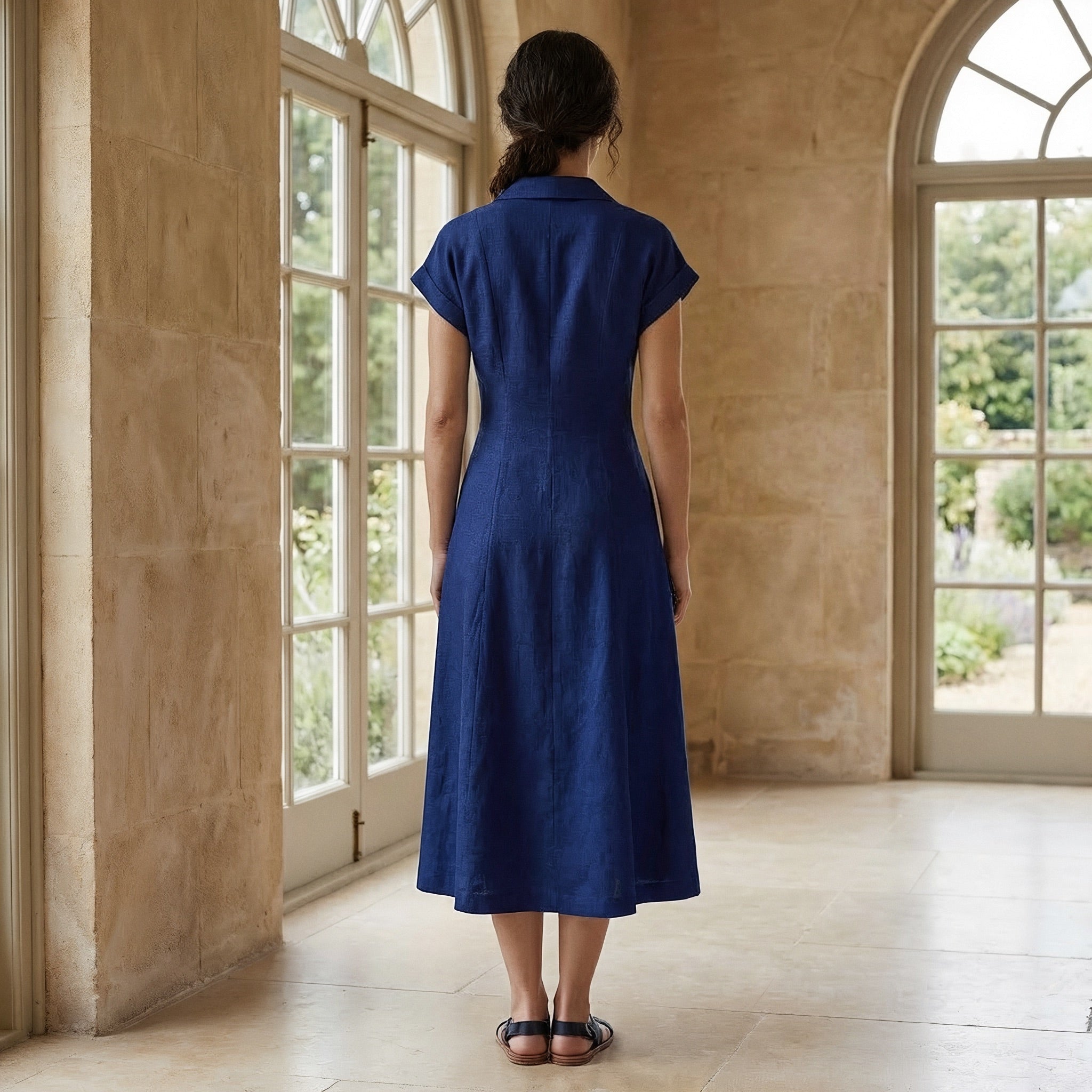 Blue Handspun Cotton Paneled A-Line Midi Dress