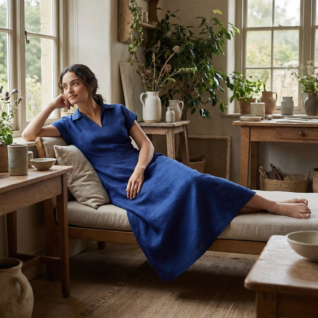 Blue Handspun Cotton Paneled A-Line Midi Dress