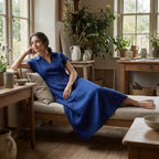 Blue Handspun Cotton Paneled A-Line Midi Dress