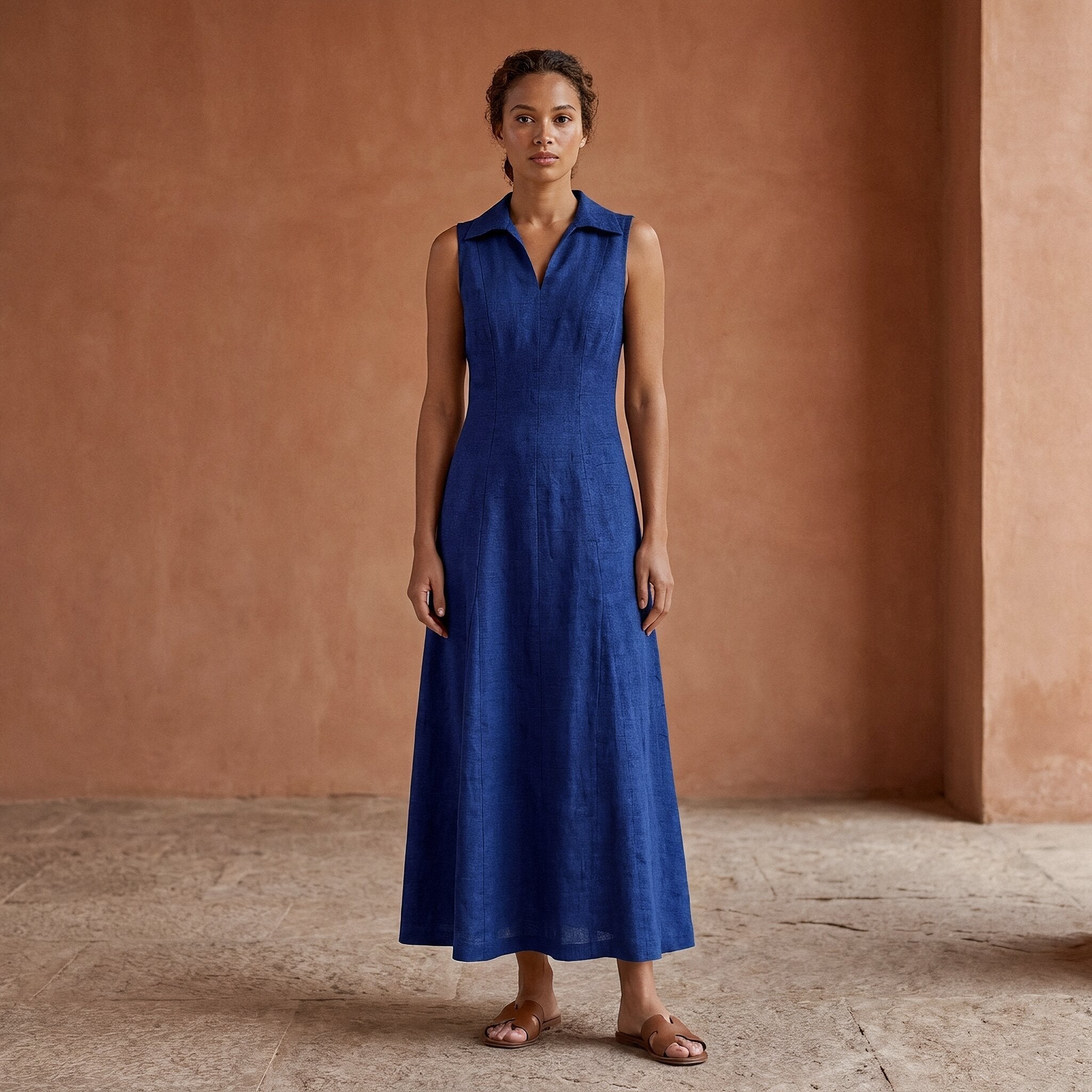 Blue Handspun Cotton Paneled Sleeveless Maxi Dress
