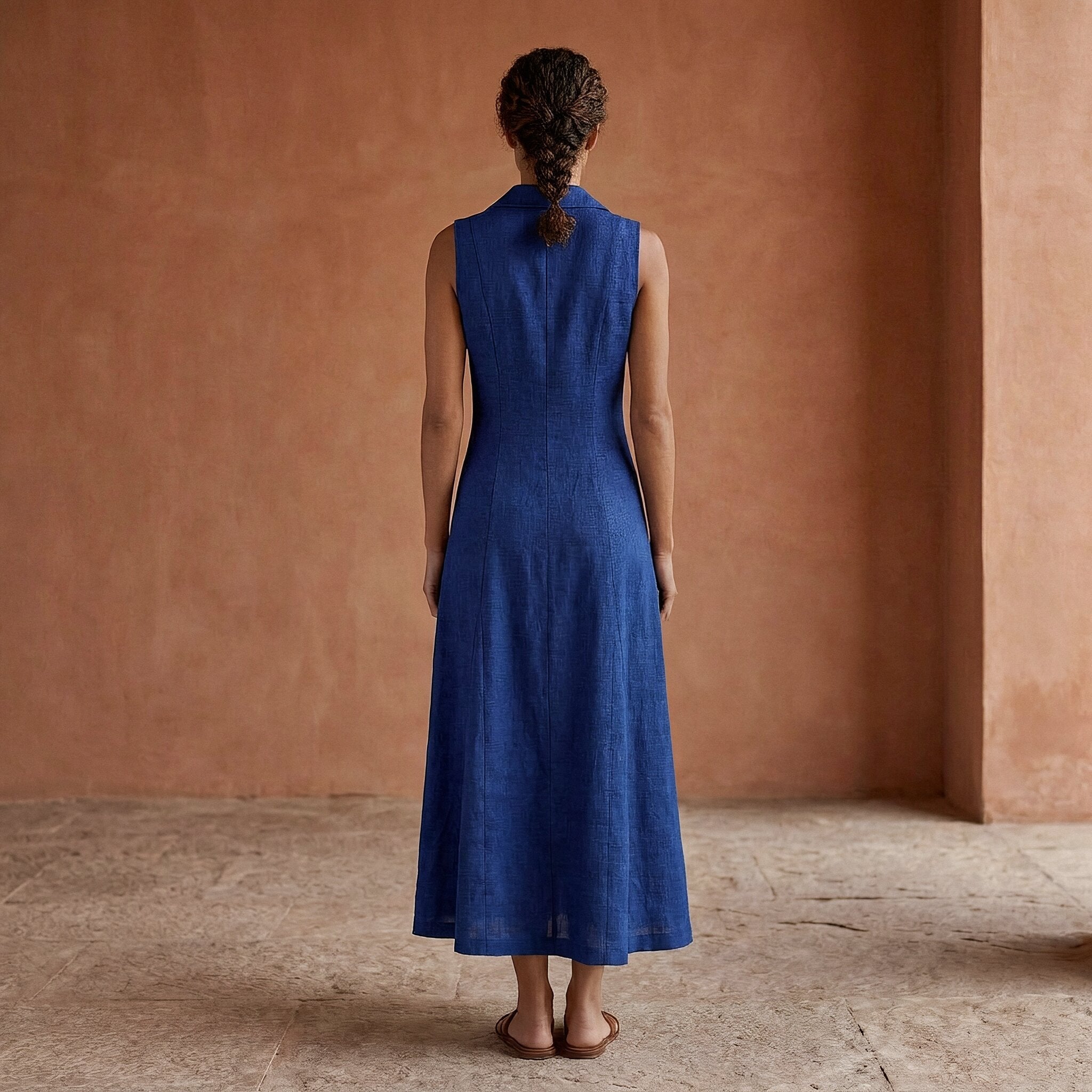 Blue Handspun Cotton Paneled Sleeveless Maxi Dress