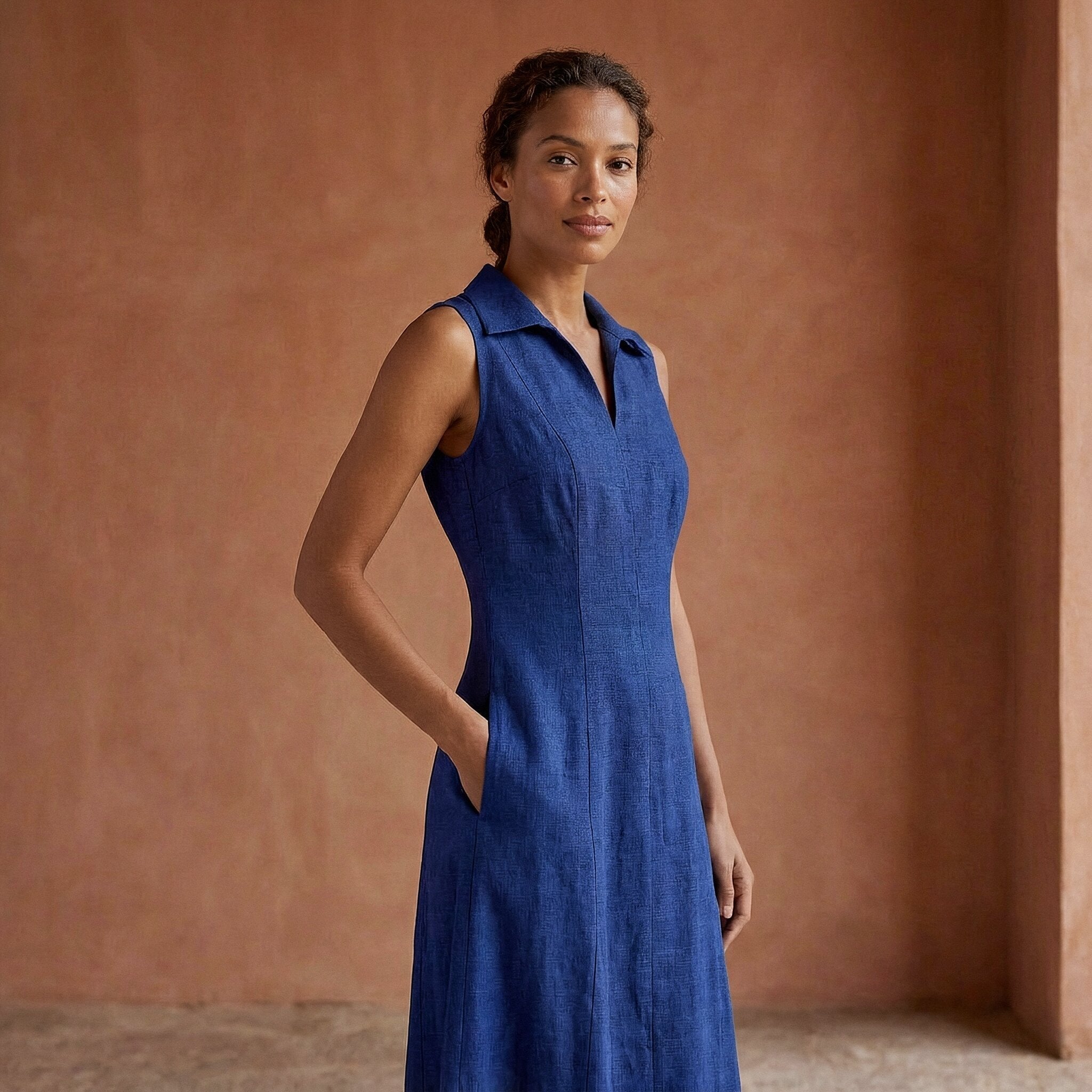 Blue Handspun Cotton Paneled Sleeveless Maxi Dress