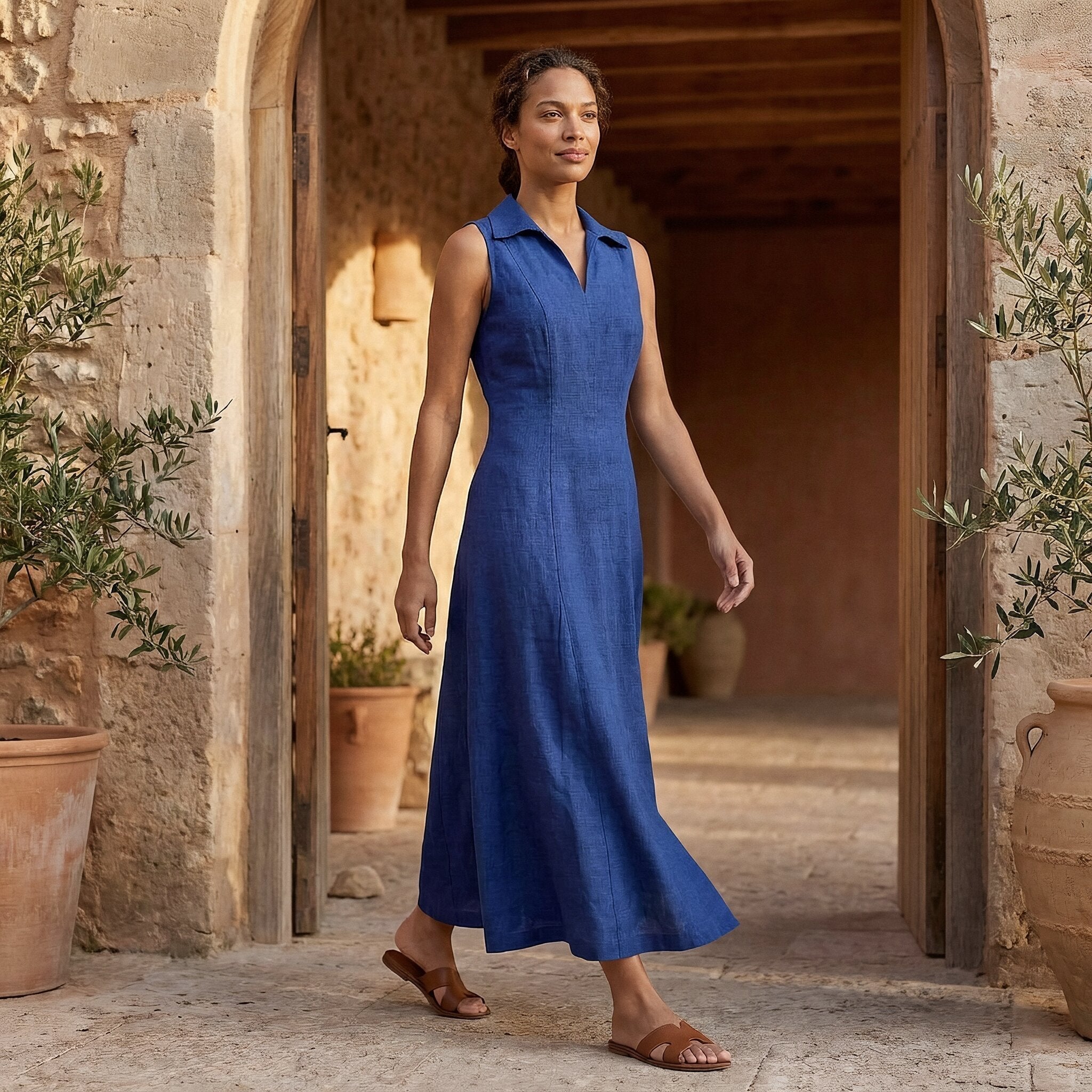 Blue Handspun Cotton Paneled Sleeveless Maxi Dress