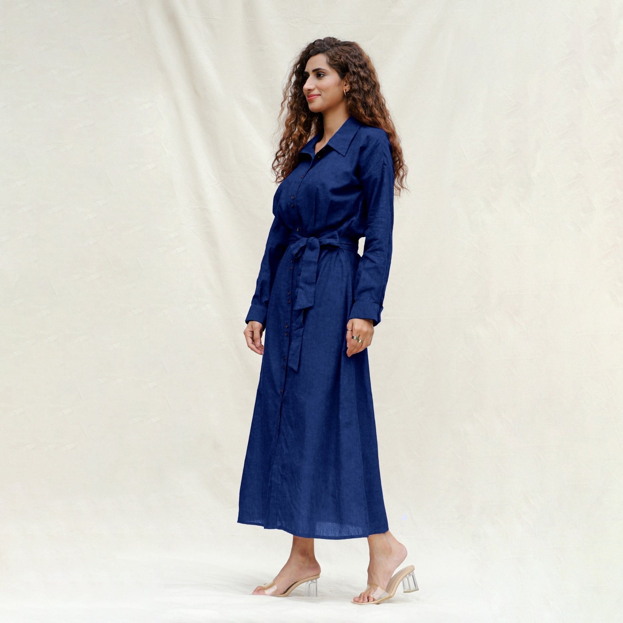 Blue Handspun Cotton Pleated Button-Down Maxi Dress