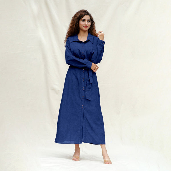 Blue Handspun Cotton Pleated Button-Down Maxi Dress