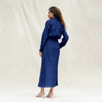 Blue Handspun Cotton Pleated Button-Down Maxi Dress