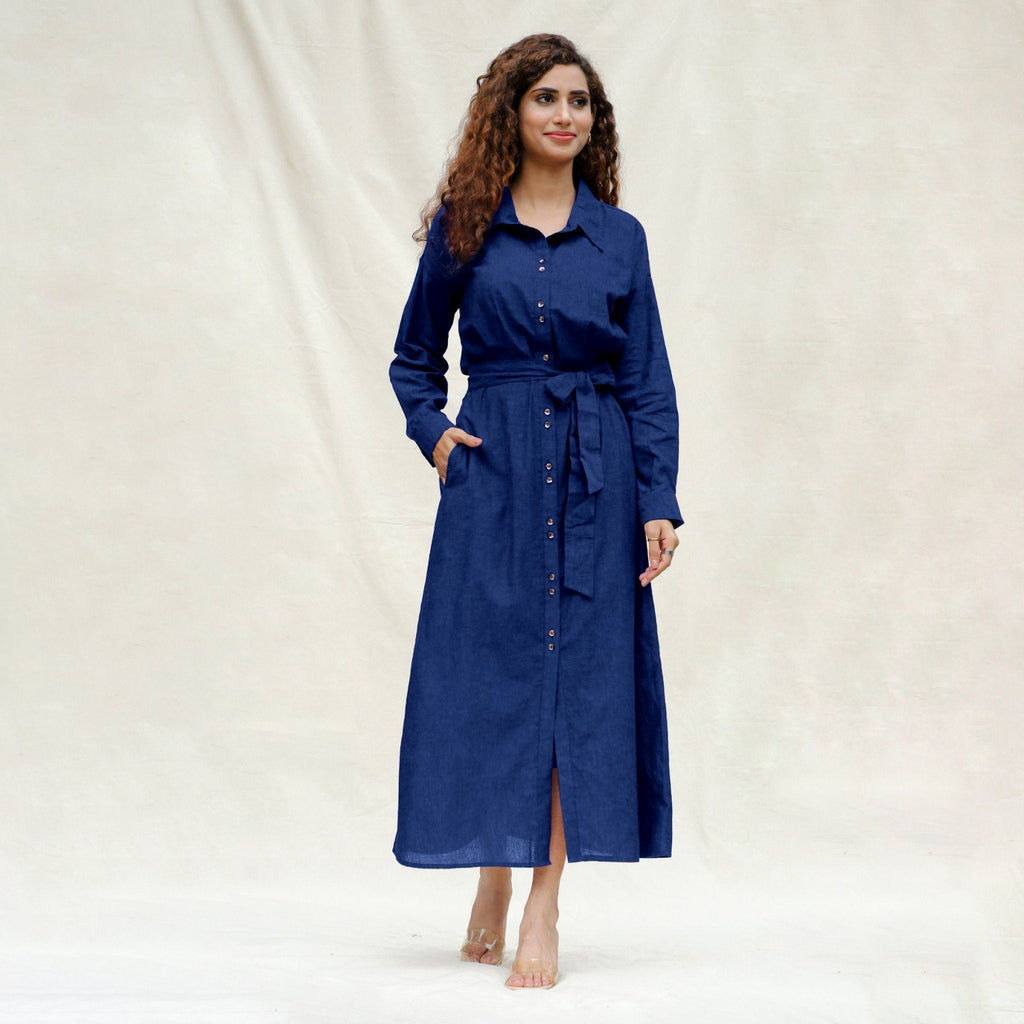 Blue Handspun Cotton Pleated Button-Down Maxi Dress