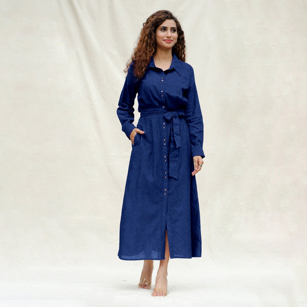 Blue Handspun Cotton Pleated Button-Down Maxi Dress