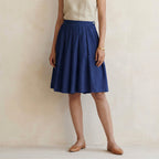 Blue Handspun Cotton Pleated Knee-Length Skirt