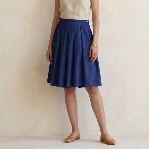 Blue Handspun Cotton Pleated Knee-Length Skirt