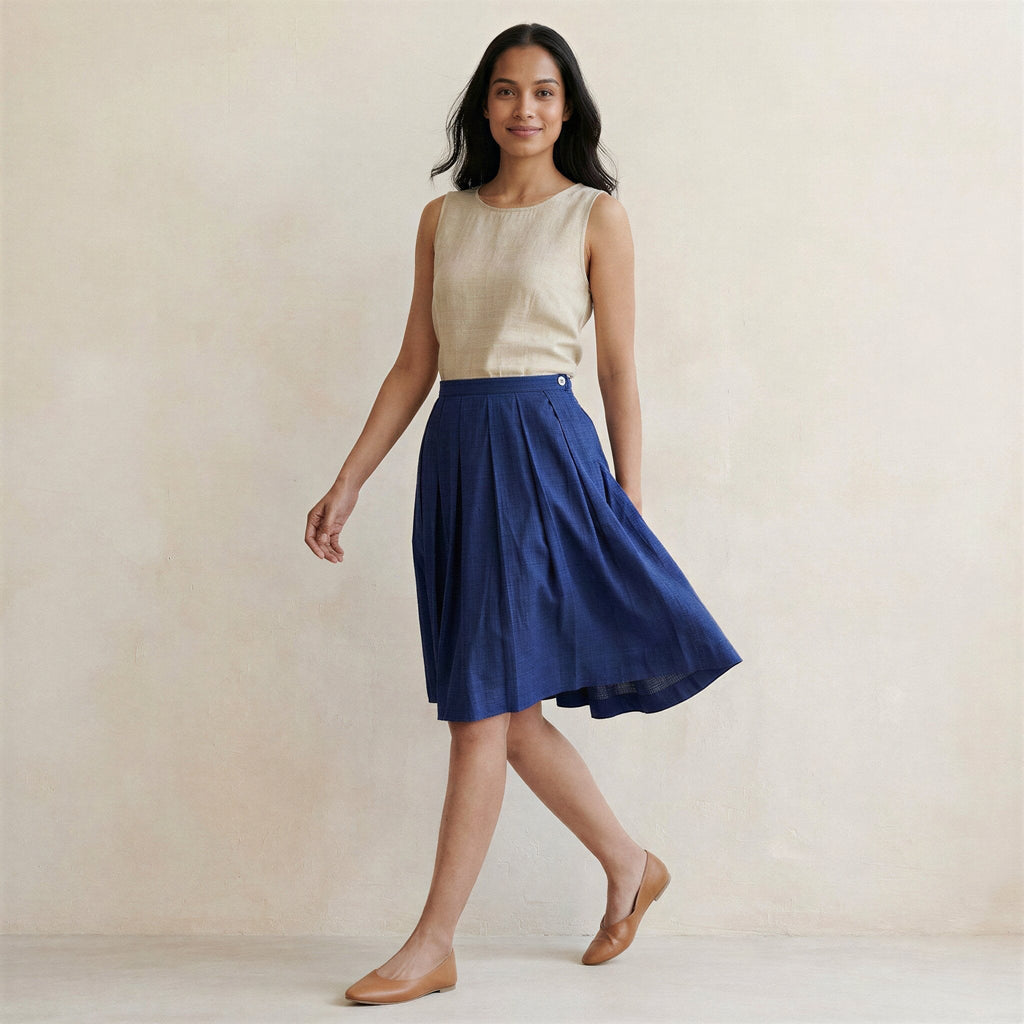 Blue Handspun Cotton Pleated Knee-Length Skirt