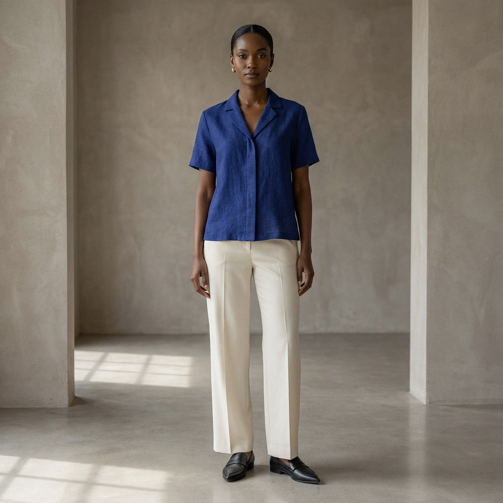 Blue Handspun Cotton Relaxed Button-Down Shirt