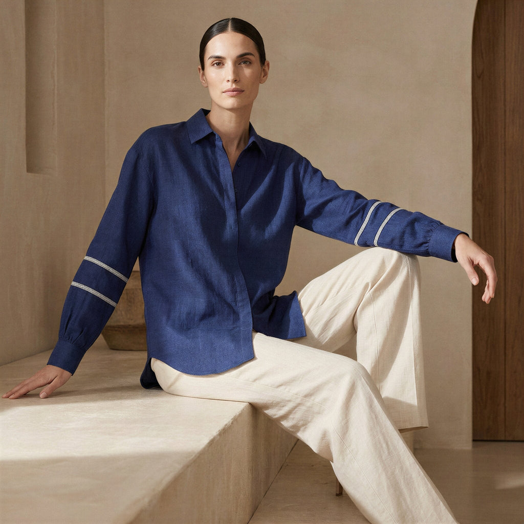 Blue Handspun Cotton Relaxed Full Sleeve Button-Down Shirt