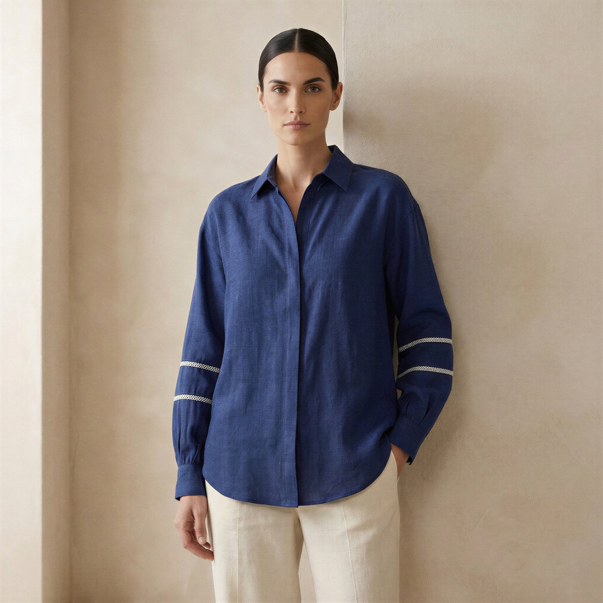 Blue Handspun Cotton Relaxed Full Sleeve Button-Down Shirt