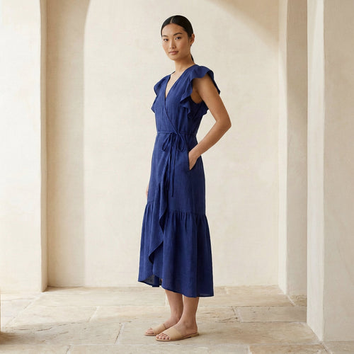 Blue Handspun Cotton Ruffle Midi Wrap Dress