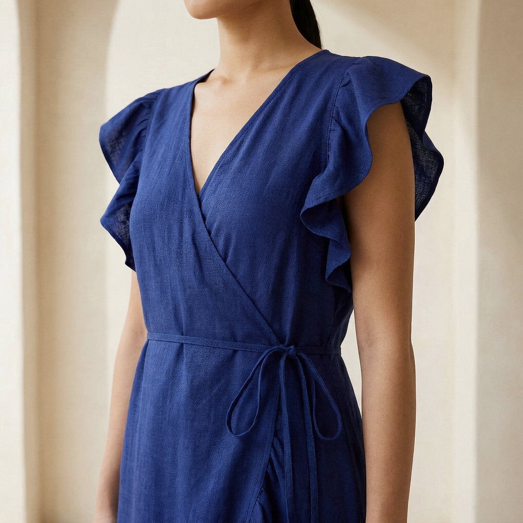 Blue Handspun Cotton Ruffle Midi Wrap Dress