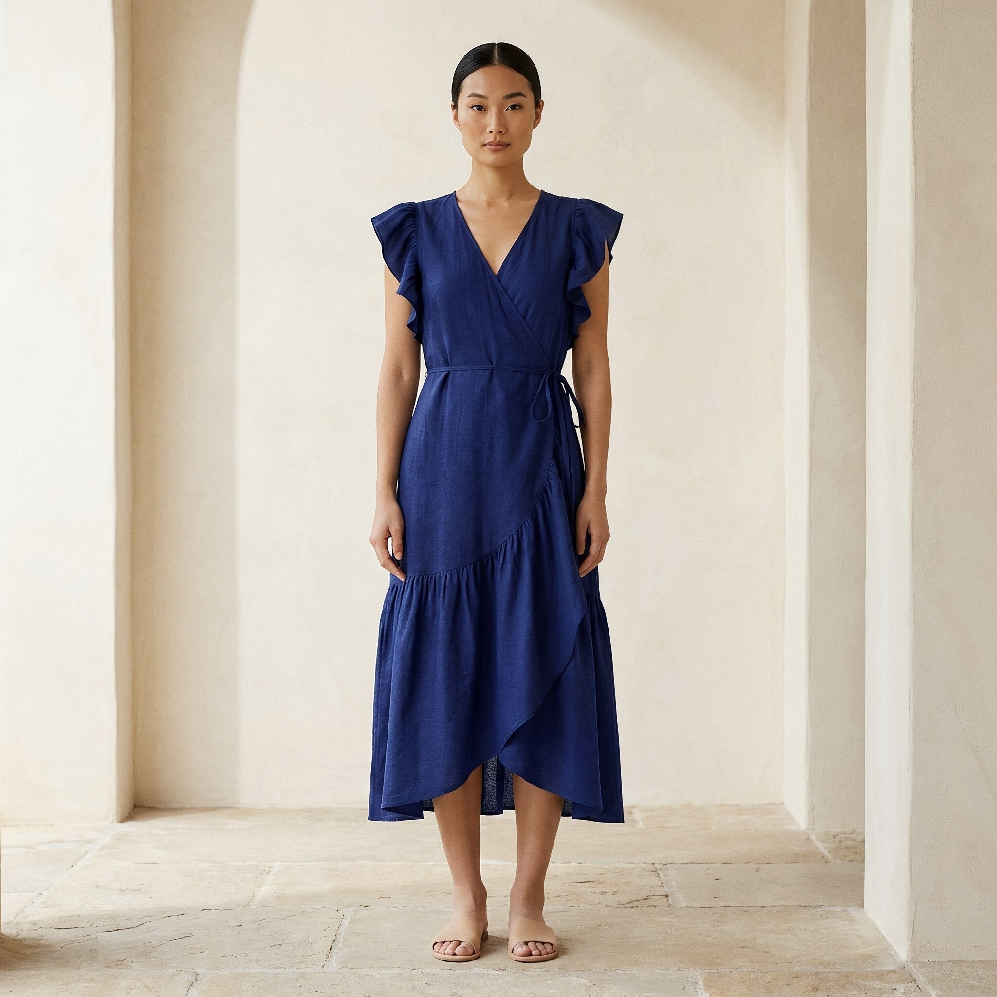 Blue Handspun Cotton Ruffle Midi Wrap Dress