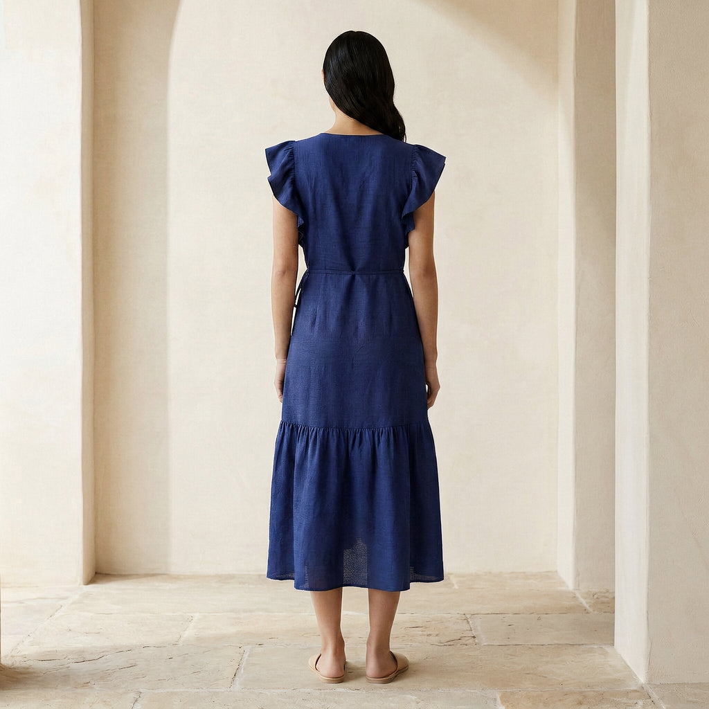 Blue Handspun Cotton Ruffle Midi Wrap Dress