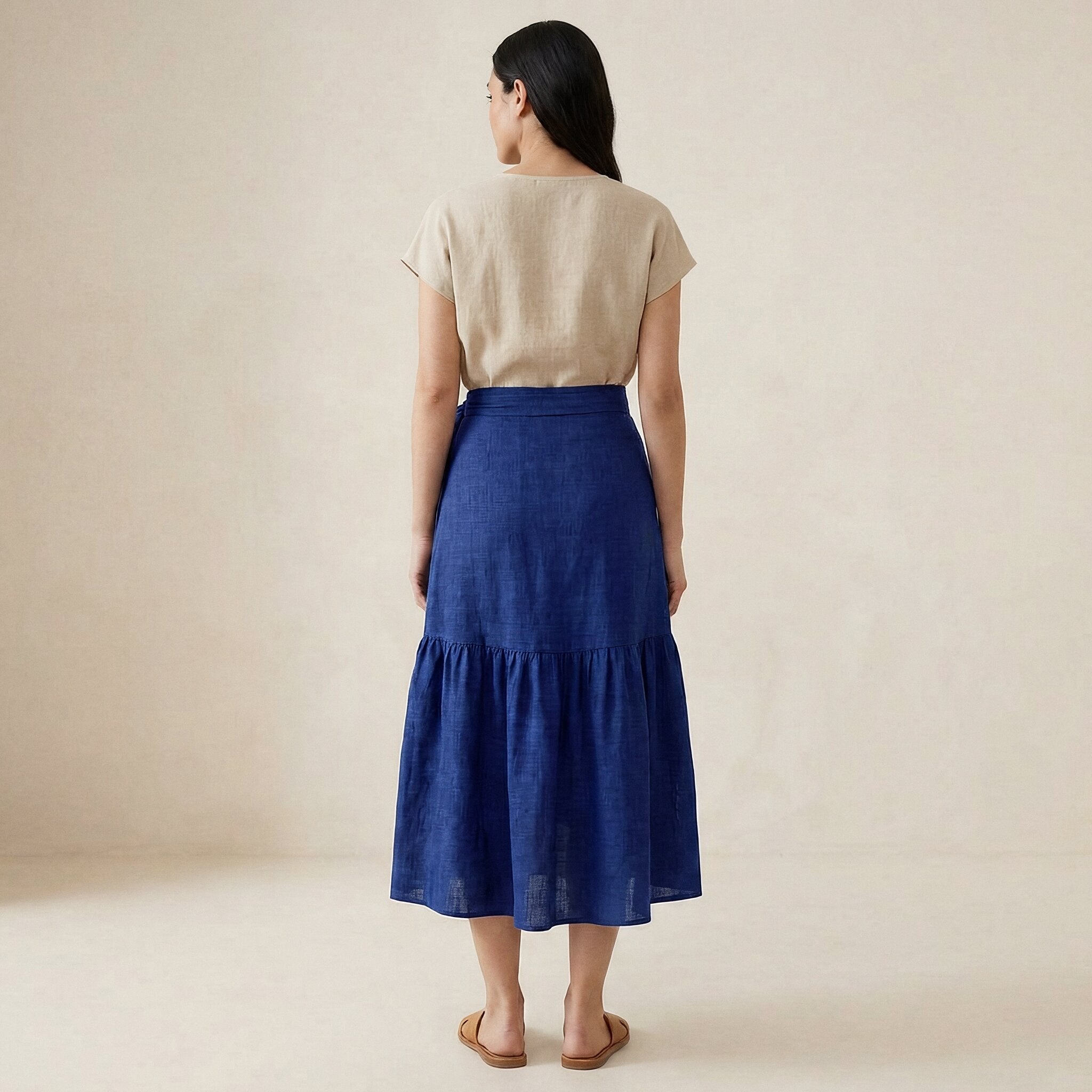Blue Handspun Cotton Ruffle Midi Wrap Skirt