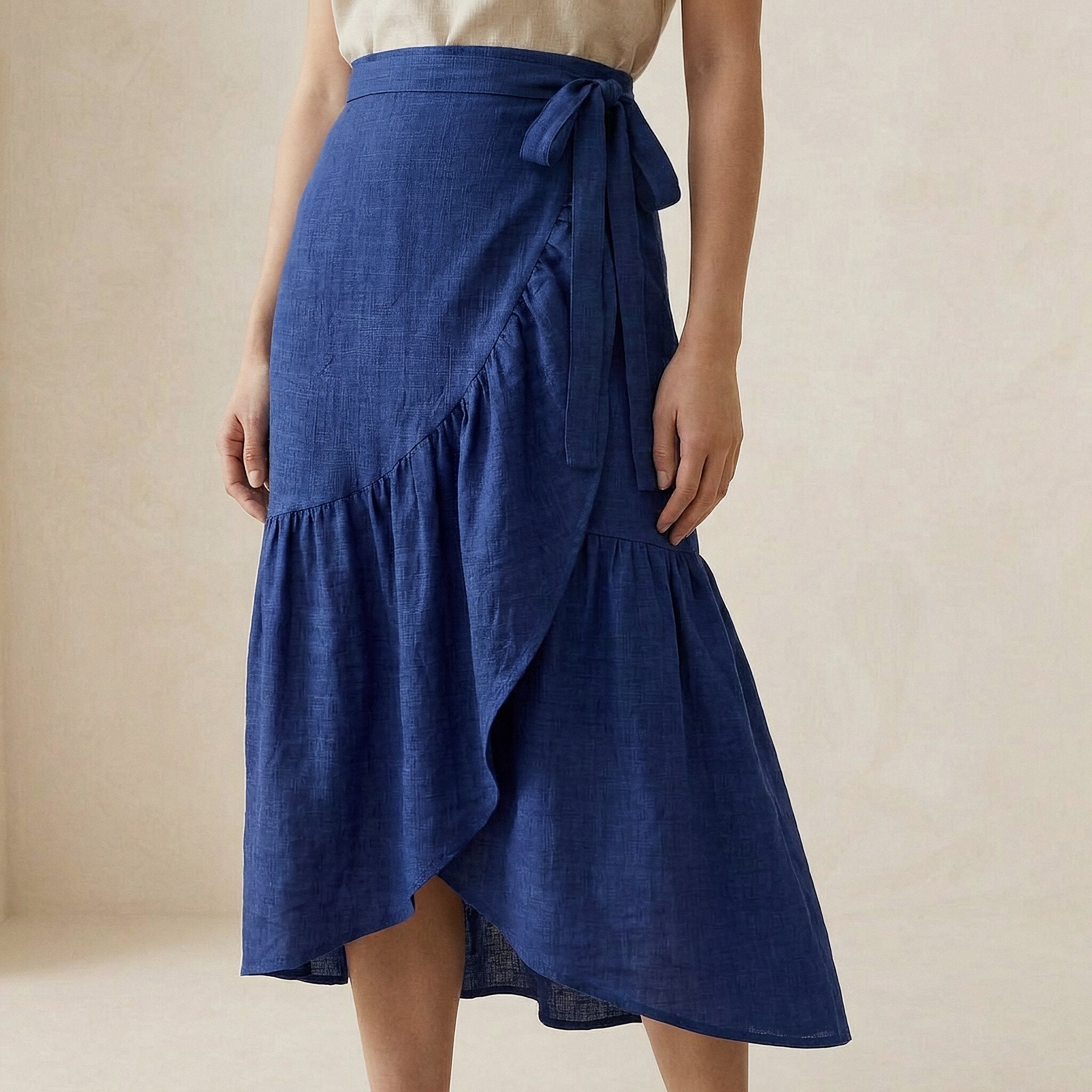 Blue Handspun Cotton Ruffle Midi Wrap Skirt