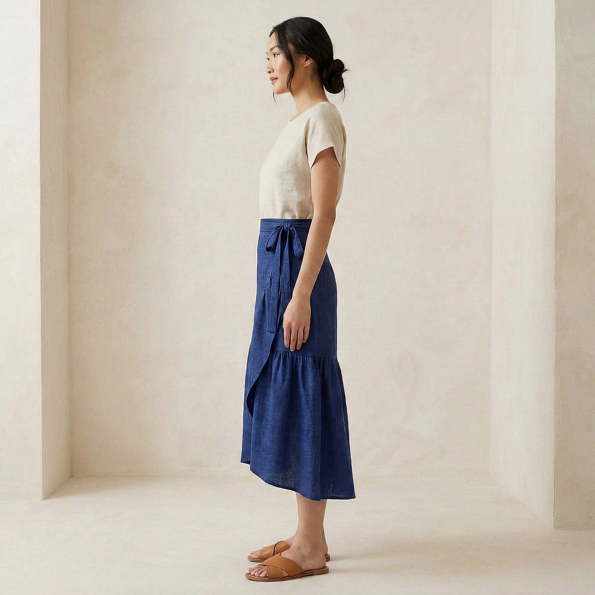 Blue Handspun Cotton Ruffle Midi Wrap Skirt