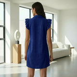 Blue Handspun Cotton Ruffled Mini Shirt Dress