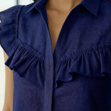 Blue Handspun Cotton Ruffled Mini Shirt Dress