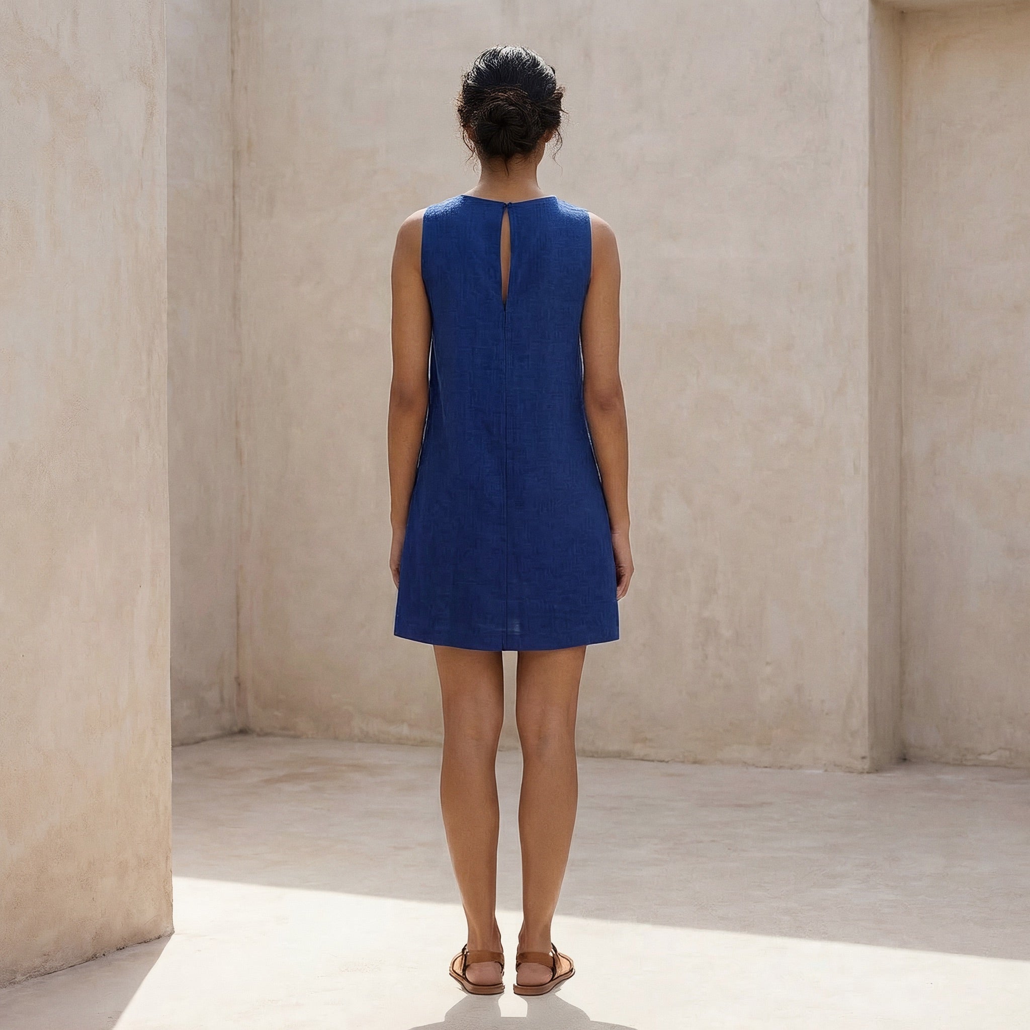 Blue Handspun Cotton Sleeveless A-Line Short Shift Dress
