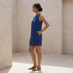 Blue Handspun Cotton Sleeveless A-Line Short Shift Dress