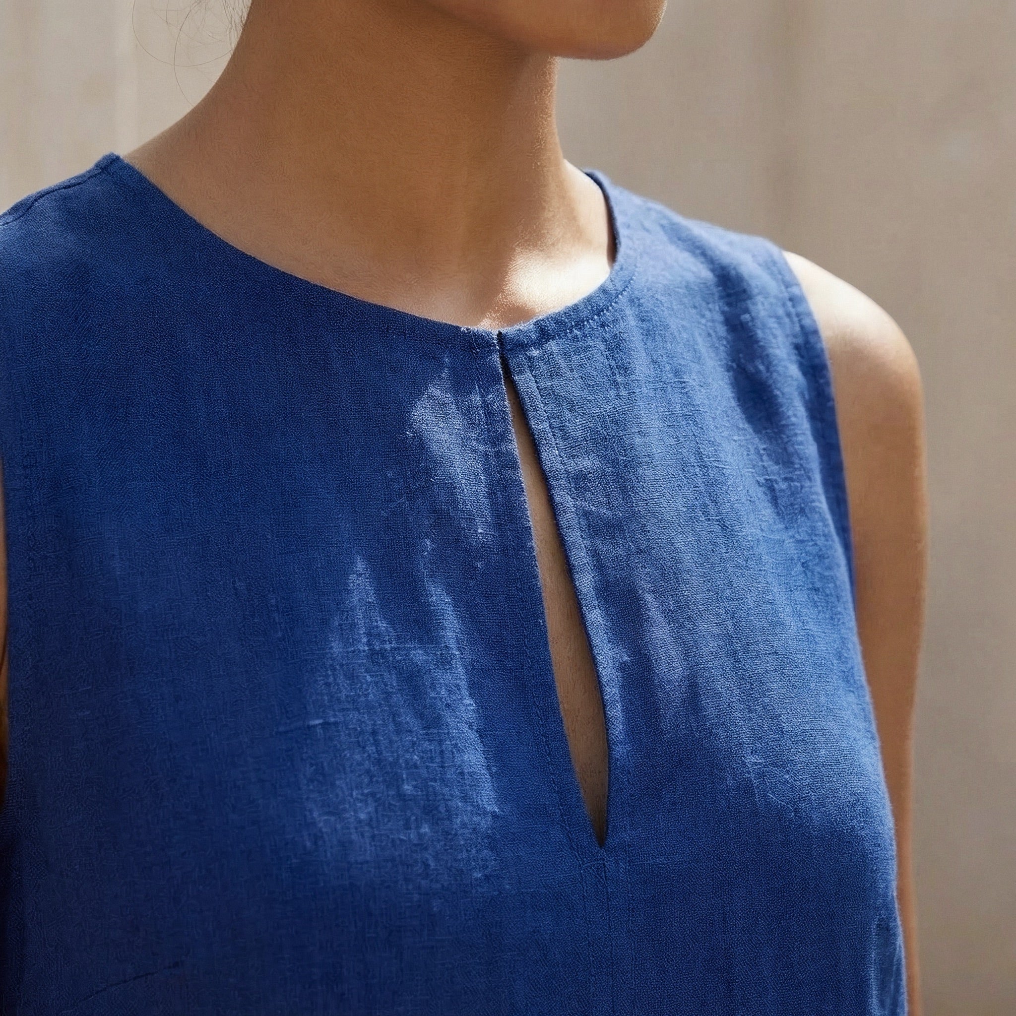 Blue Handspun Cotton Sleeveless A-Line Short Shift Dress
