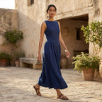 Blue Handspun Cotton Sleeveless Paneled Maxi Dress