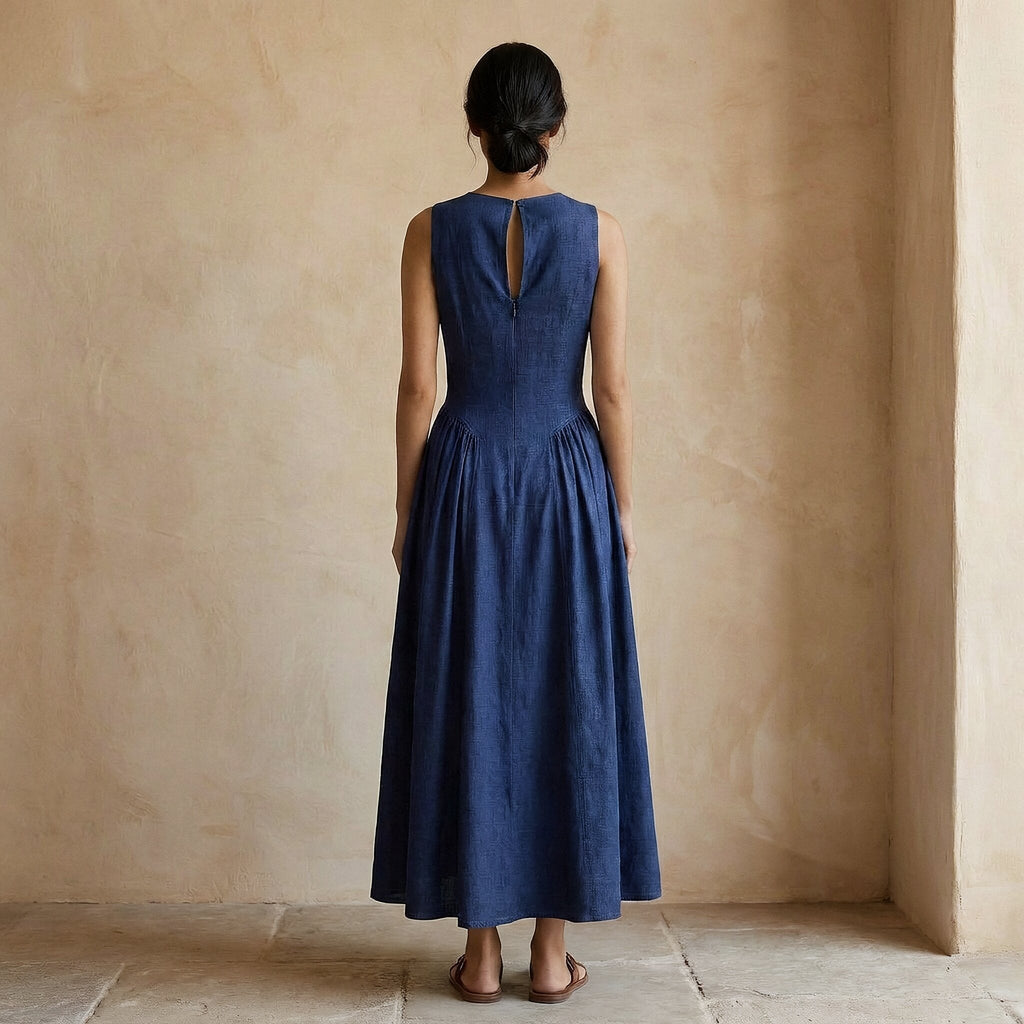 Blue Handspun Cotton Sleeveless Paneled Maxi Dress