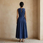 Blue Handspun Cotton Sleeveless Paneled Maxi Dress
