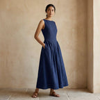 Blue Handspun Cotton Sleeveless Paneled Maxi Dress