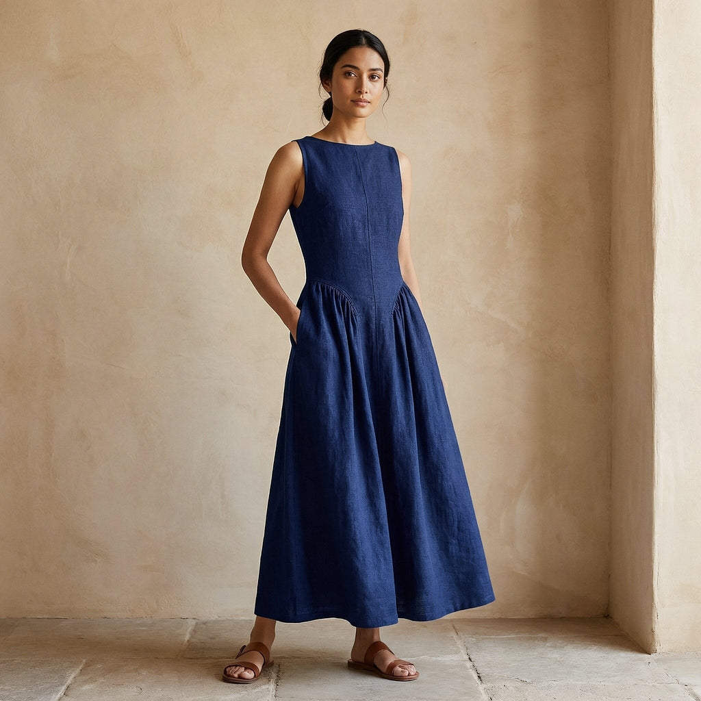 Blue Handspun Cotton Sleeveless Paneled Maxi Dress