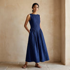 Blue Handspun Cotton Sleeveless Paneled Maxi Dress
