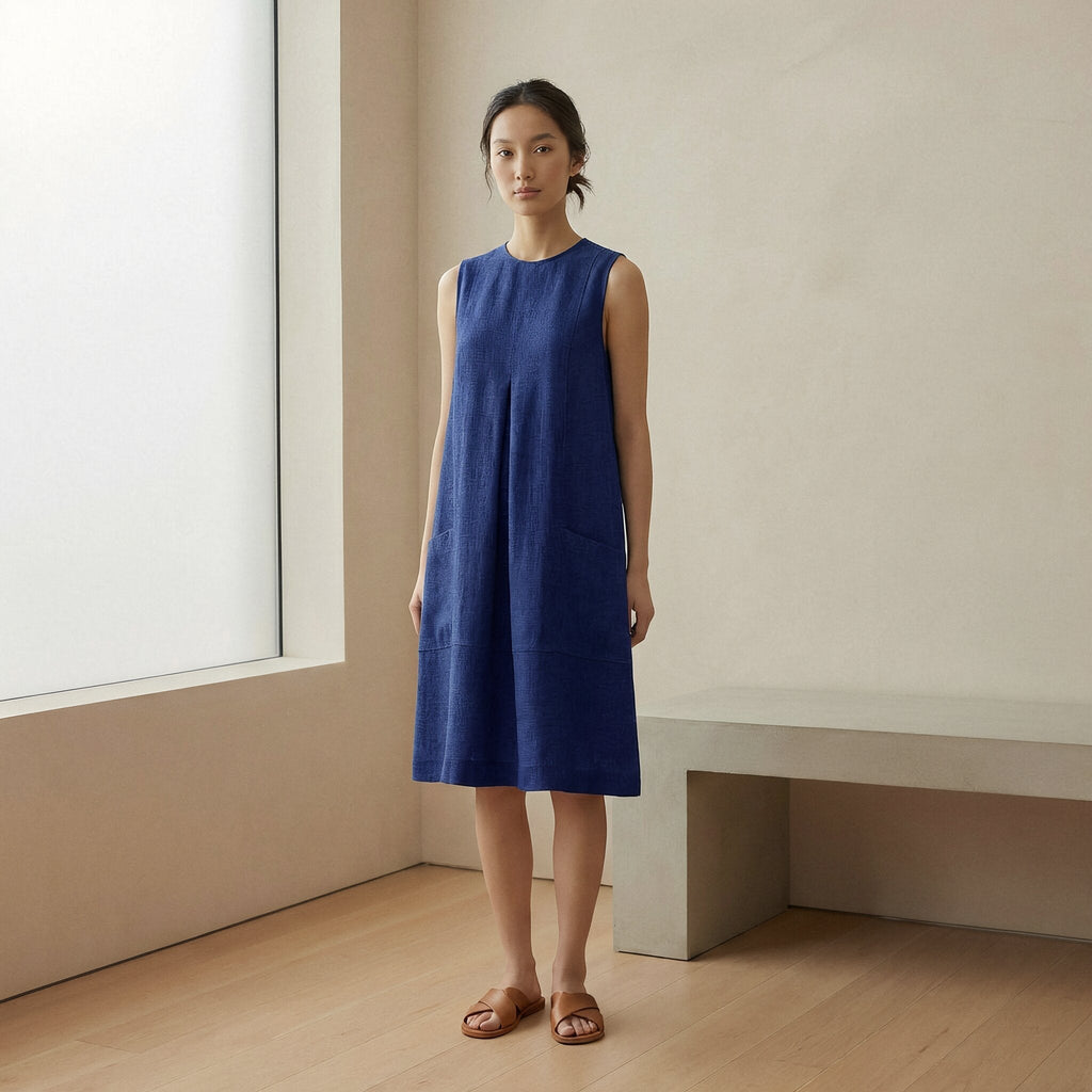 Blue Handspun Cotton Sleeveless Paneled Swing Dress