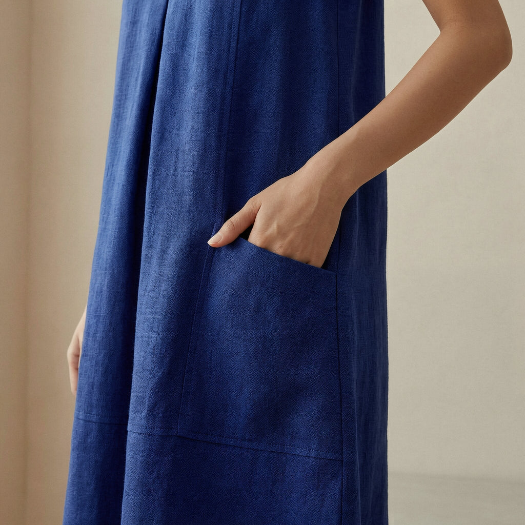 Blue Handspun Cotton Sleeveless Paneled Swing Dress