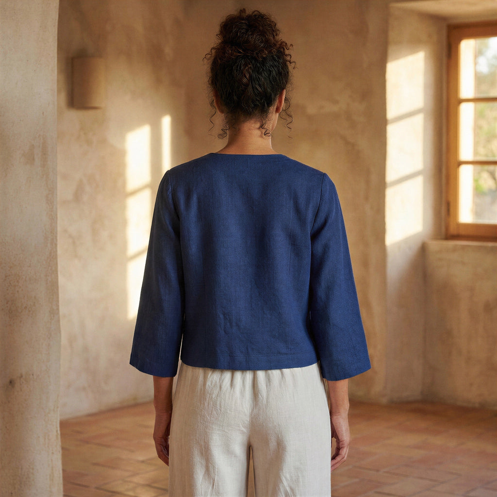 Blue Handspun Cotton Tie-Front Blouse