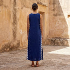 Blue Handspun Cotton Wavy Stripe Maxi Shift Dress