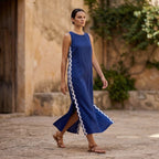 Blue Handspun Cotton Wavy Stripe Maxi Shift Dress