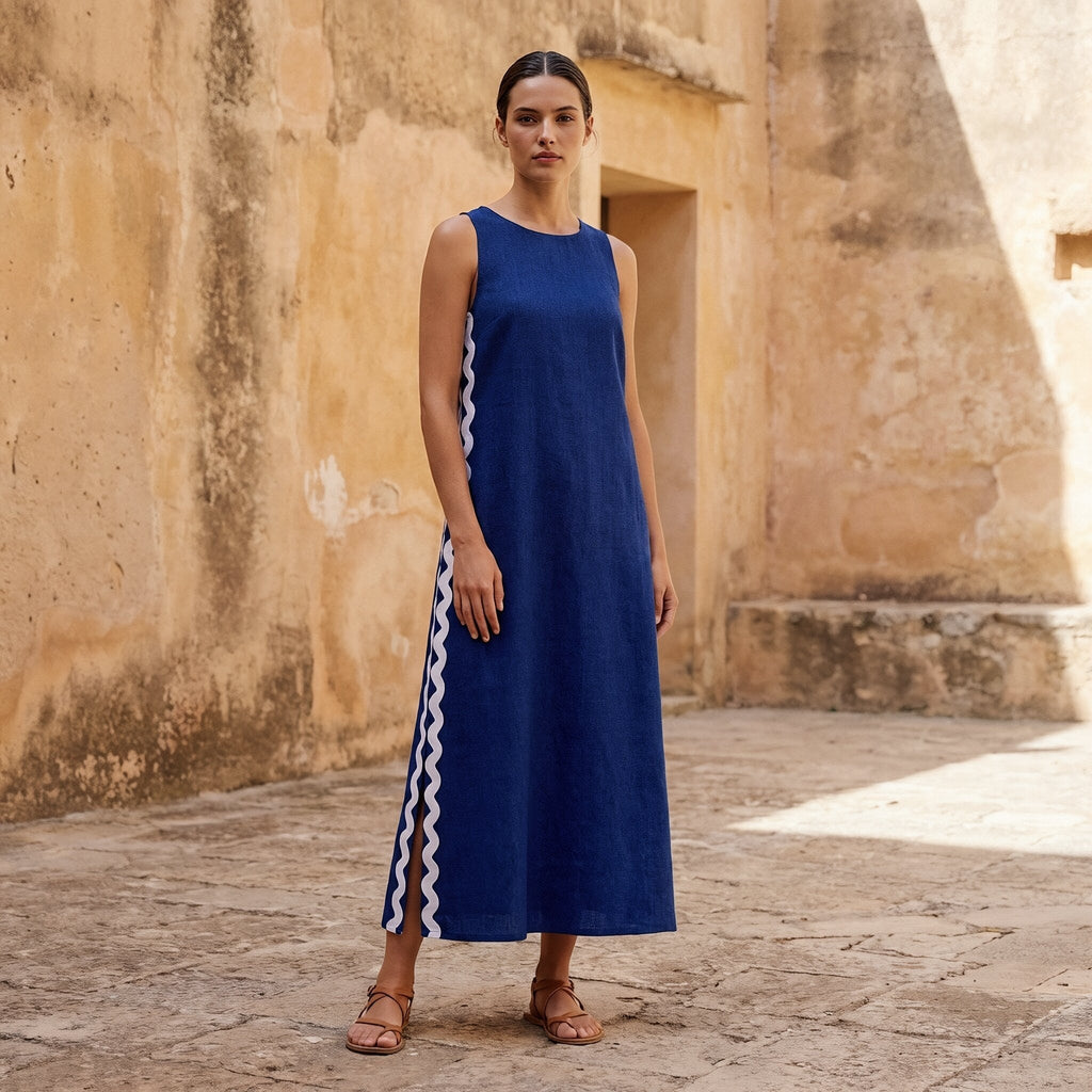 Blue Handspun Cotton Wavy Stripe Maxi Shift Dress