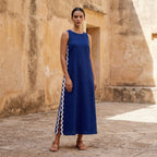 Blue Handspun Cotton Wavy Stripe Maxi Shift Dress