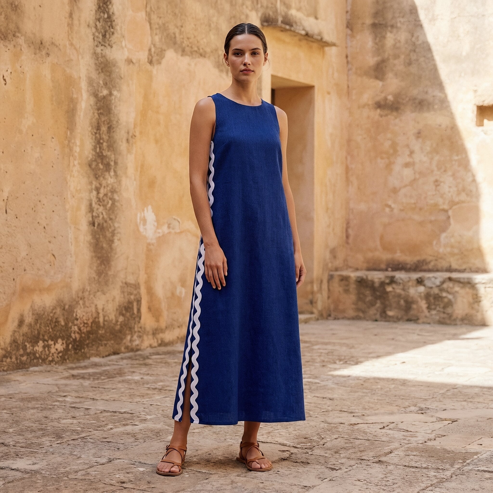 Blue Handspun Cotton Wavy Stripe Maxi Shift Dress